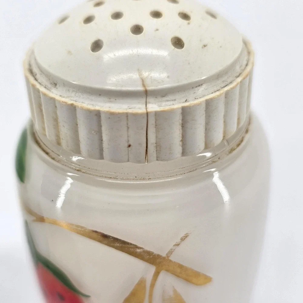 Vintage Bartlett Collins Painted Strawberry Milk Glass Salt & Pepper Shakers Set